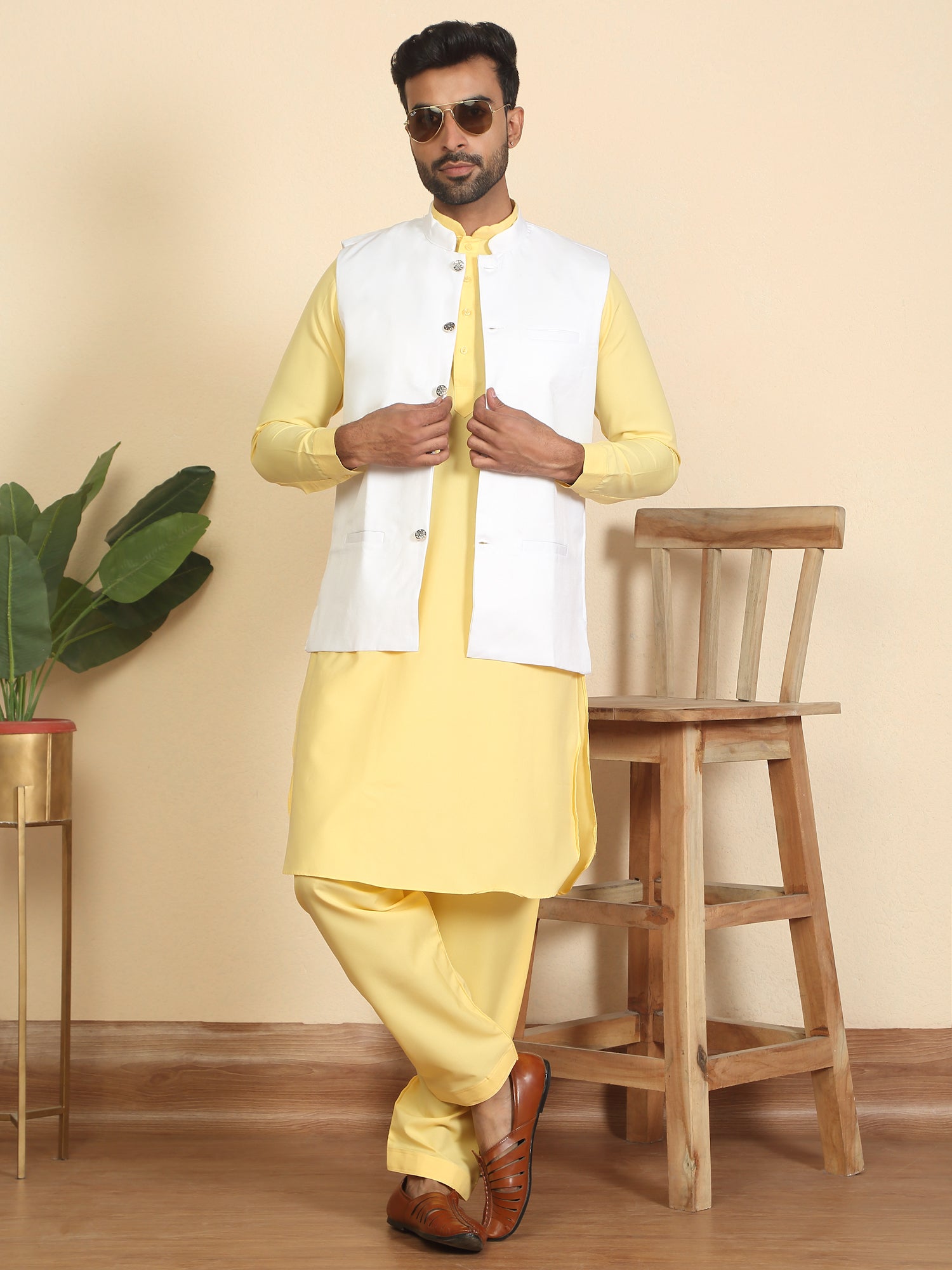 Men Mandarin Collar Pathani Kurta Salwar Set with Solid Twill Nehru Jacket