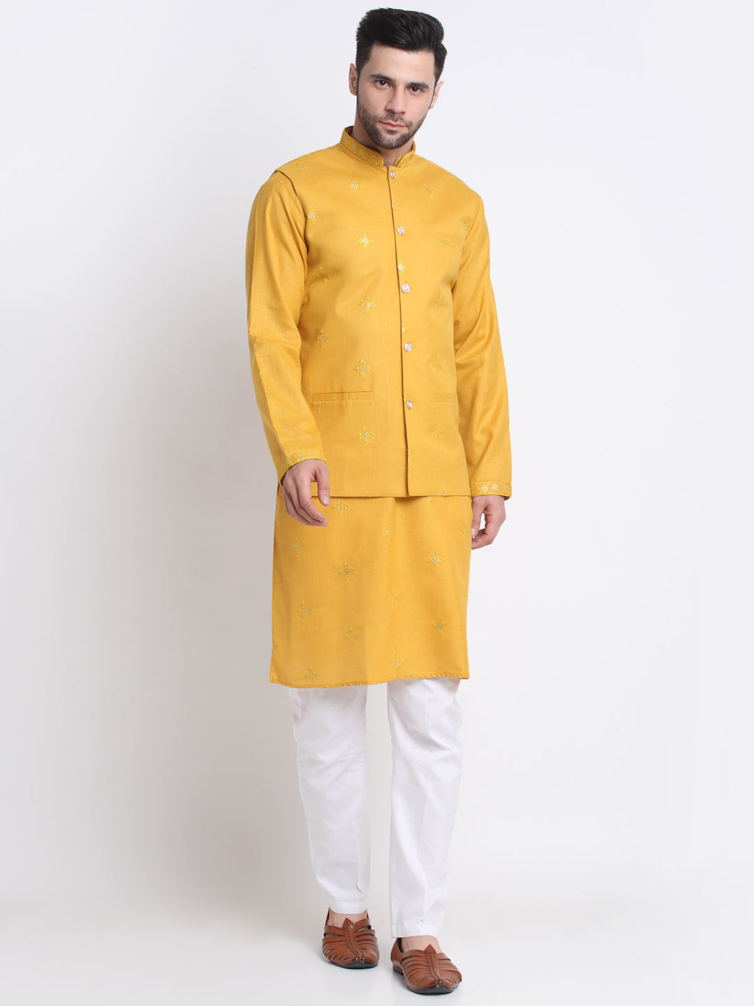 Men's Embroidered Sequined Cotton Kurta Trouser with Nehru Jacket