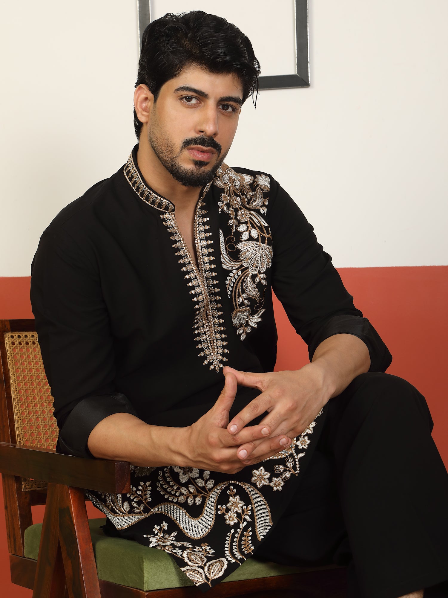 Men's Embroidered Yoke Design Japanese Fabric Daman Work Long Kurta