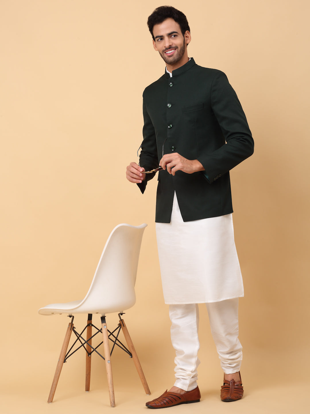 KRAFT INDIA Men's Silk Cream Kurta Churidar With Solid Twill Bandhgala Suit/Coat