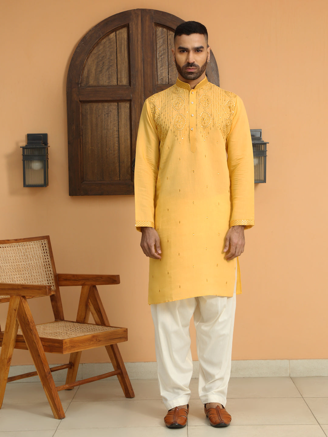 LUXE- Cotton Silk Embroidered Kurta with Sequins work & Cream patiala Salwar