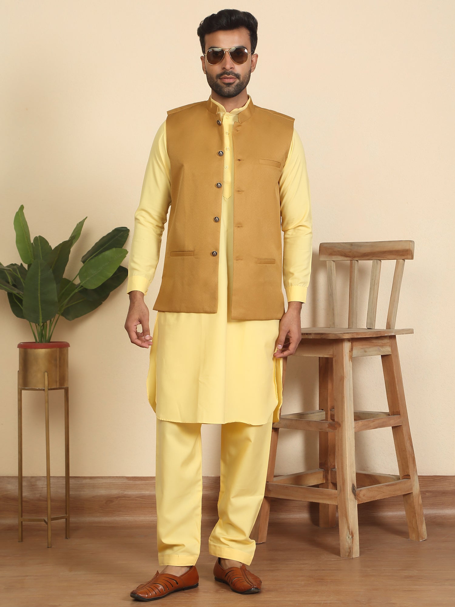 Men Mandarin Collar Pathani Kurta Salwar Set with Solid Twill Nehru Jacket