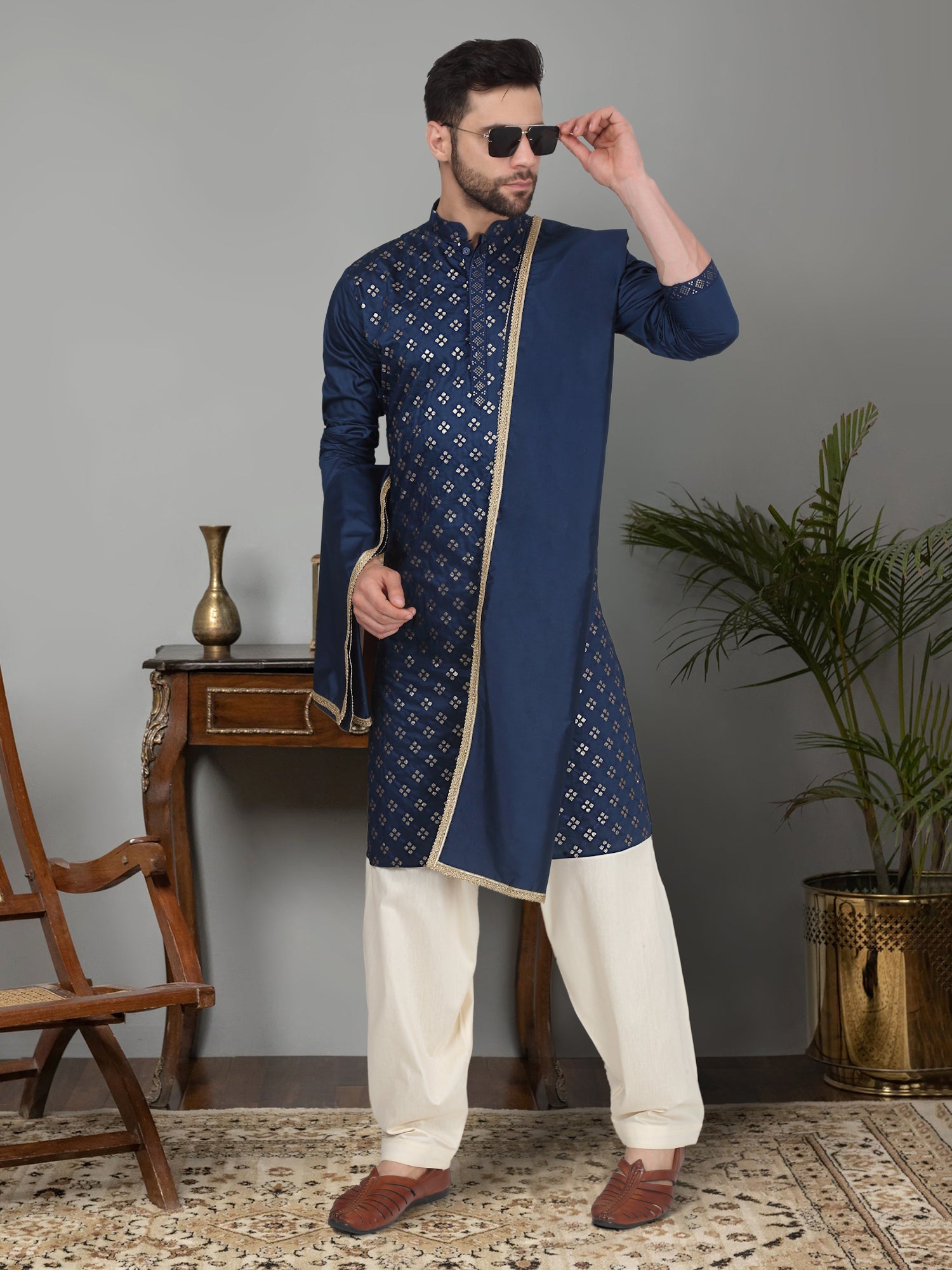 KRAFT INDIA Men's Cotton Silk Sequenced Embroided Kurta with Beige Elastic Waistband Salwar with Matching Dupatta