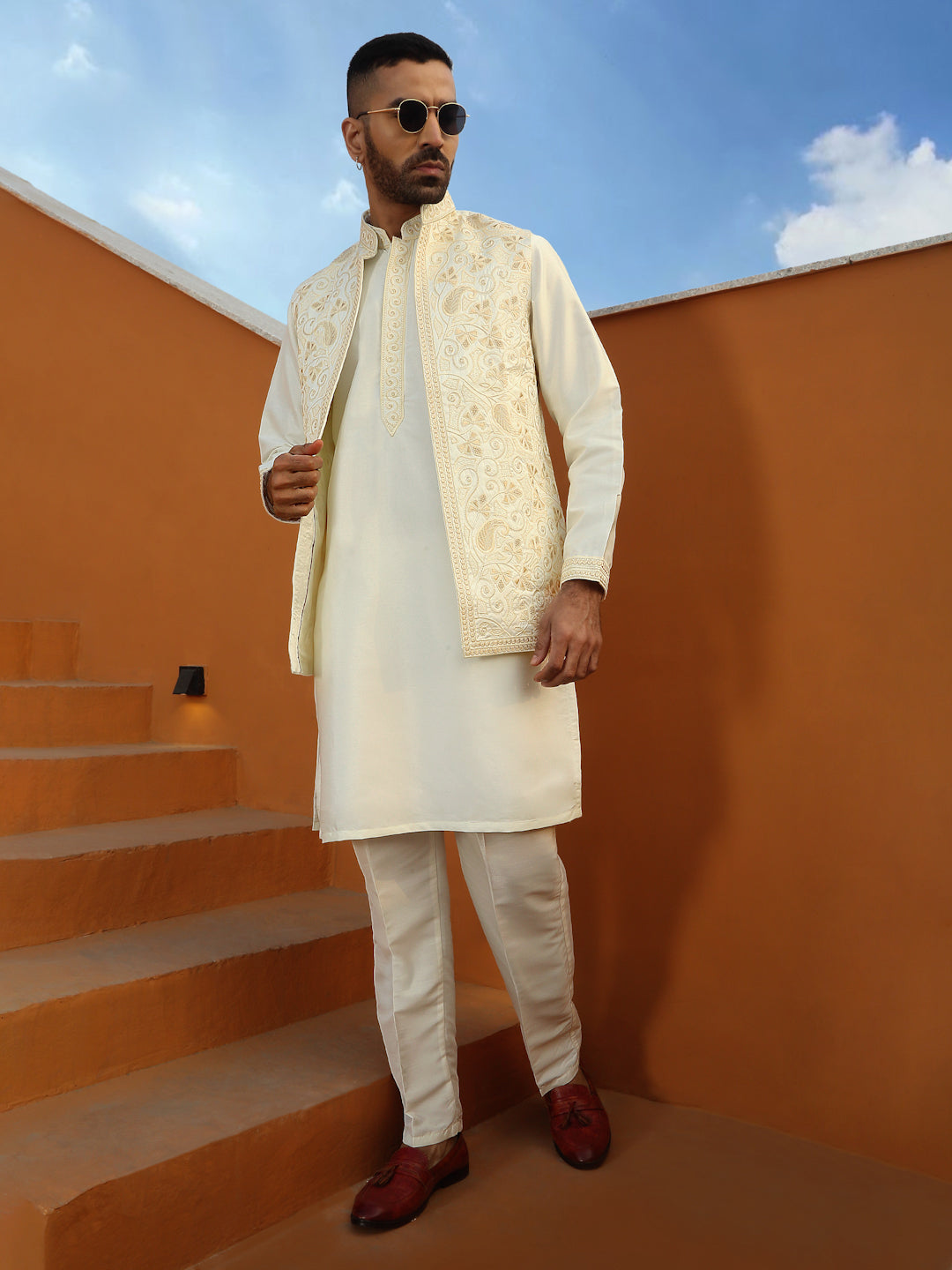 LUXE- Floral Embroidered Cotton Silk Kurta Trouser Pant set with Embroidered Floral Front open Nehru Jacket set