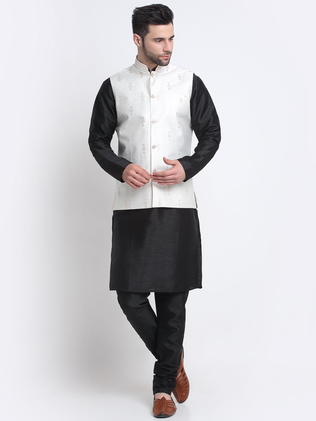 KRAFT INDIA Men Black Silk Kurta & Churidar With Sequenced Nehru Jacket