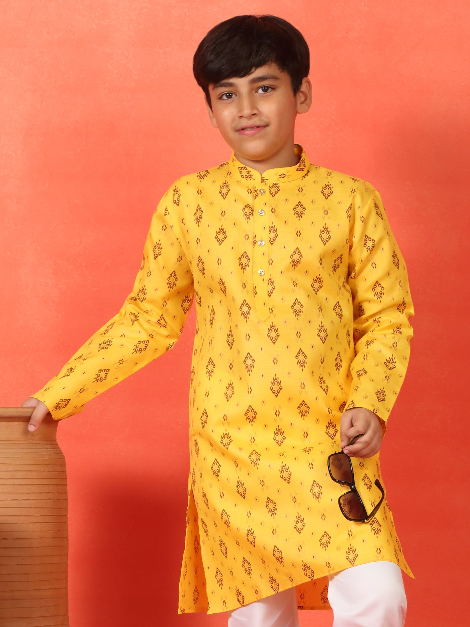 Kid's Geometric Print Cotton Blend Straight Kurta