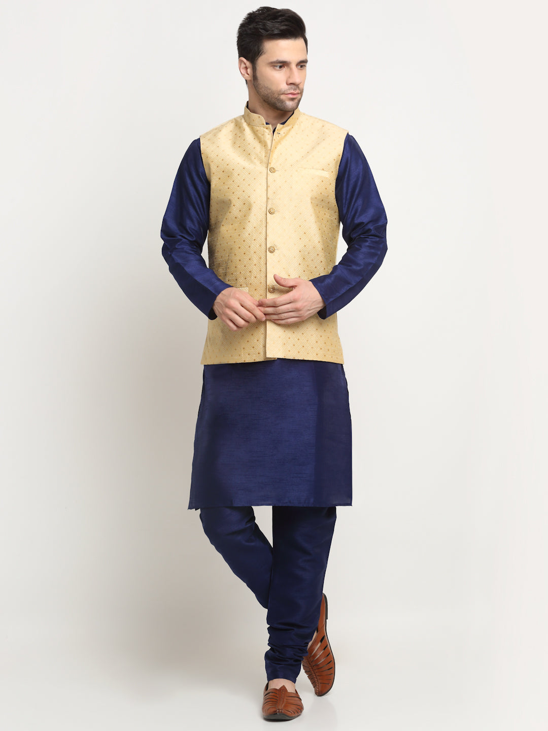 KRAFT INDIA Men's Silk Navy Blue Kurta Churidar With Polka Dotted Nehru Jacket Set