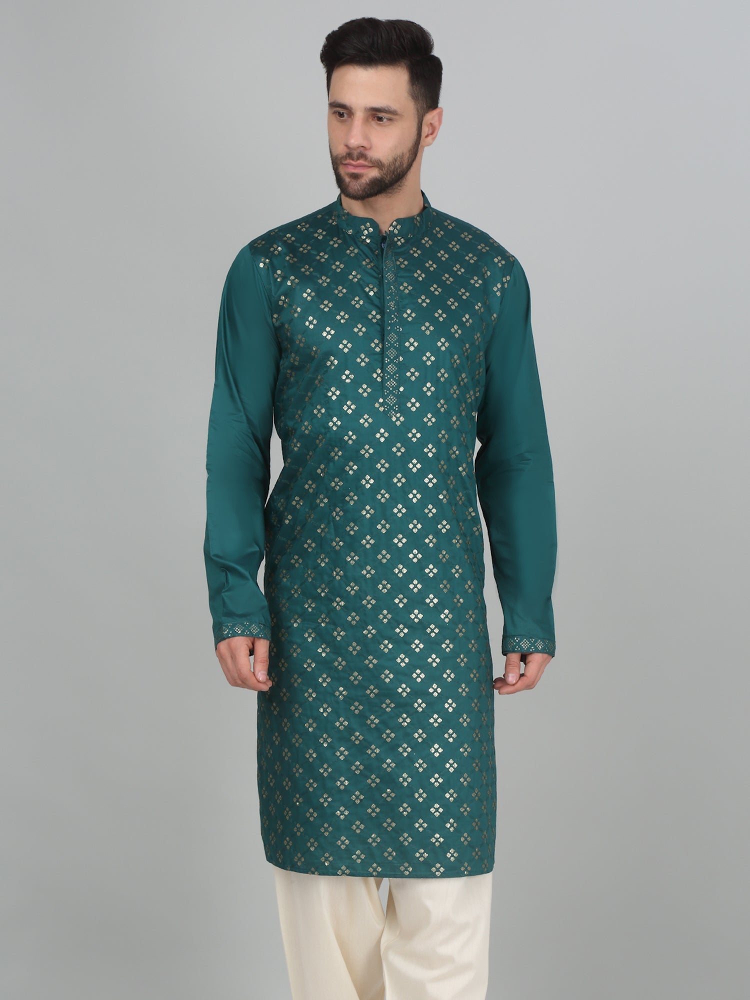 KRAFT INDIA Men's Cotton Silk Sequenced Embroided Kurta Only