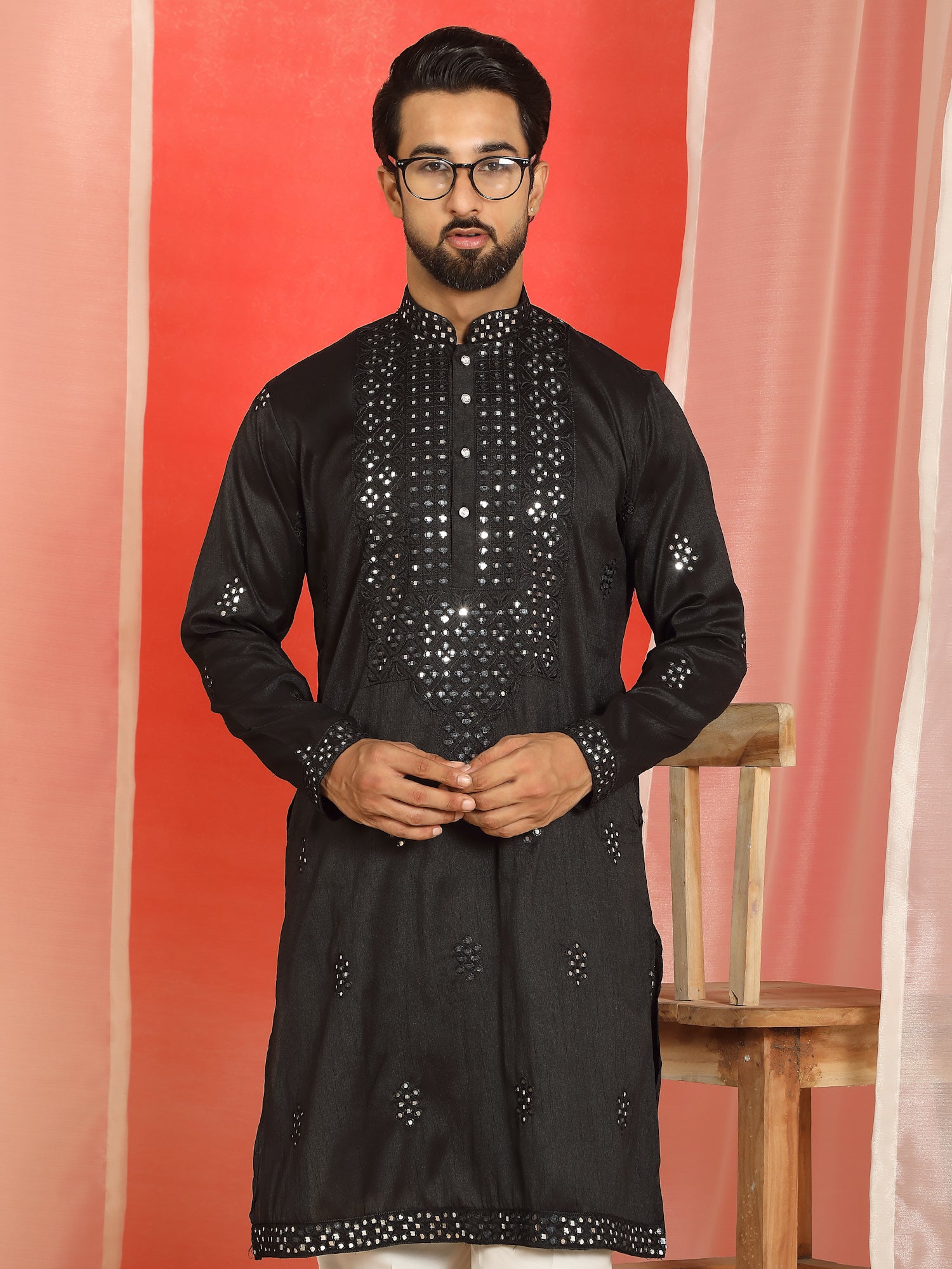 Men Cotton Silk Mirror Work Embroidered Yoke Design Kurta