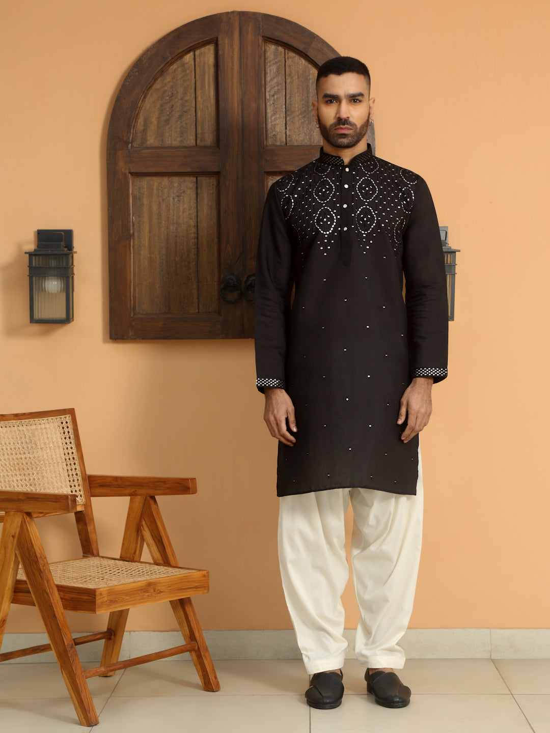 LUXE- Cotton Silk Embroidered Kurta with Sequins work & Cream patiala Salwar
