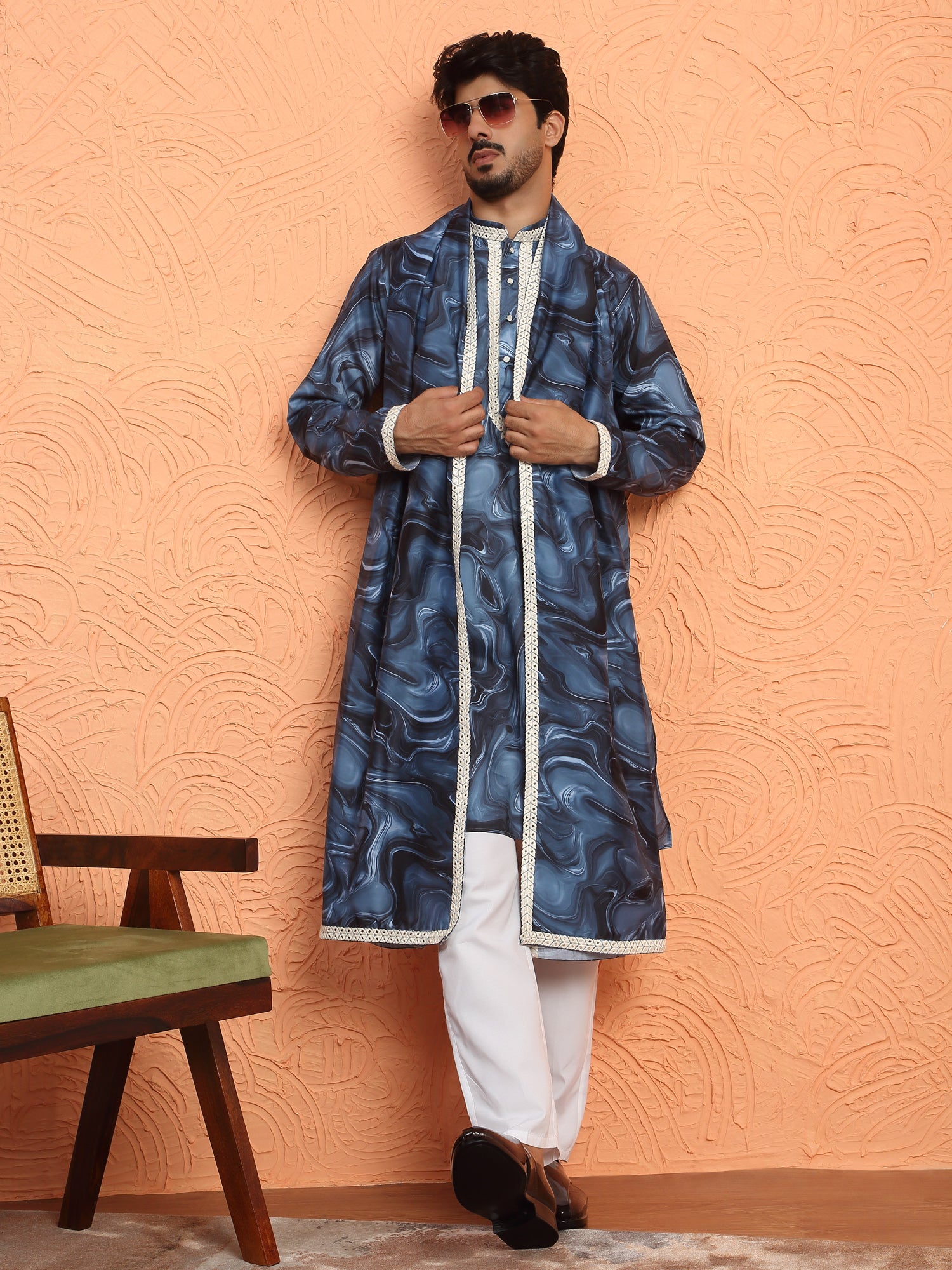 LUXE-Men's Cotton Silk Tie-Dye Printed Yoke Design Sequence Kurta Trouser Pant Set With Matching Duppatta