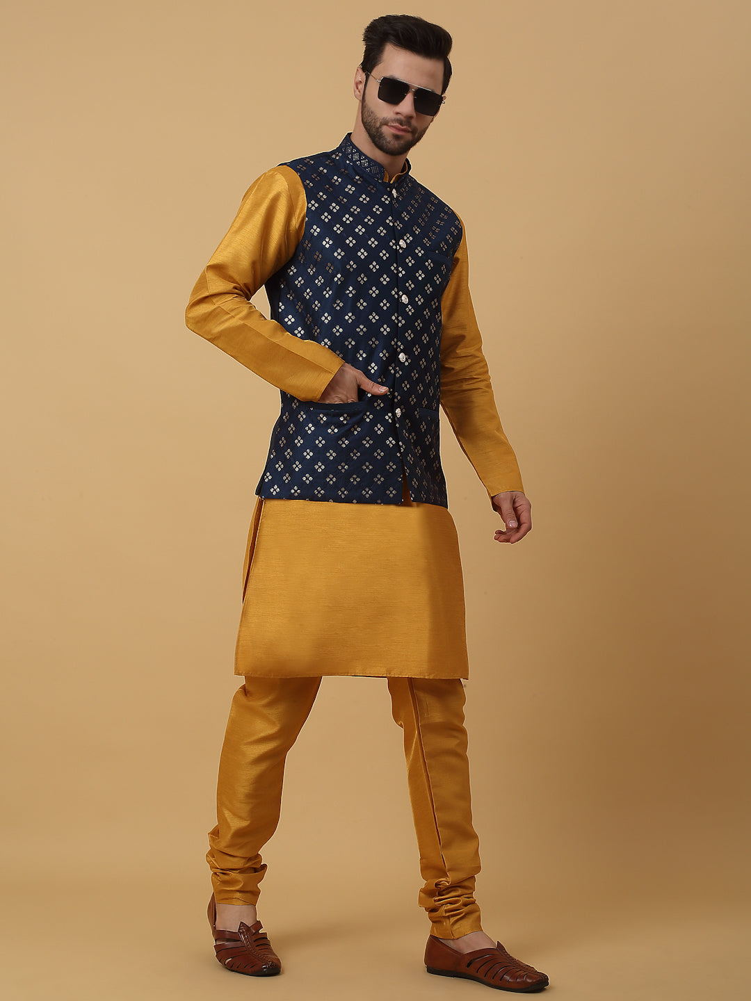 KRAFT INDIA Men's Silk Blend Mustard Kurta, Churidar with Cotton Silk Embroided Sequenced Nehru Jacket Set