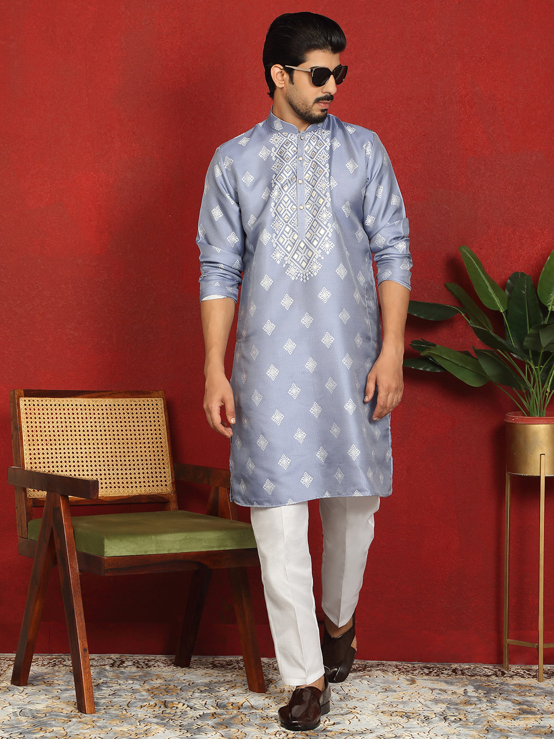 Men’s Silk Jacquard Embroidered Woven Design Straight Kurta