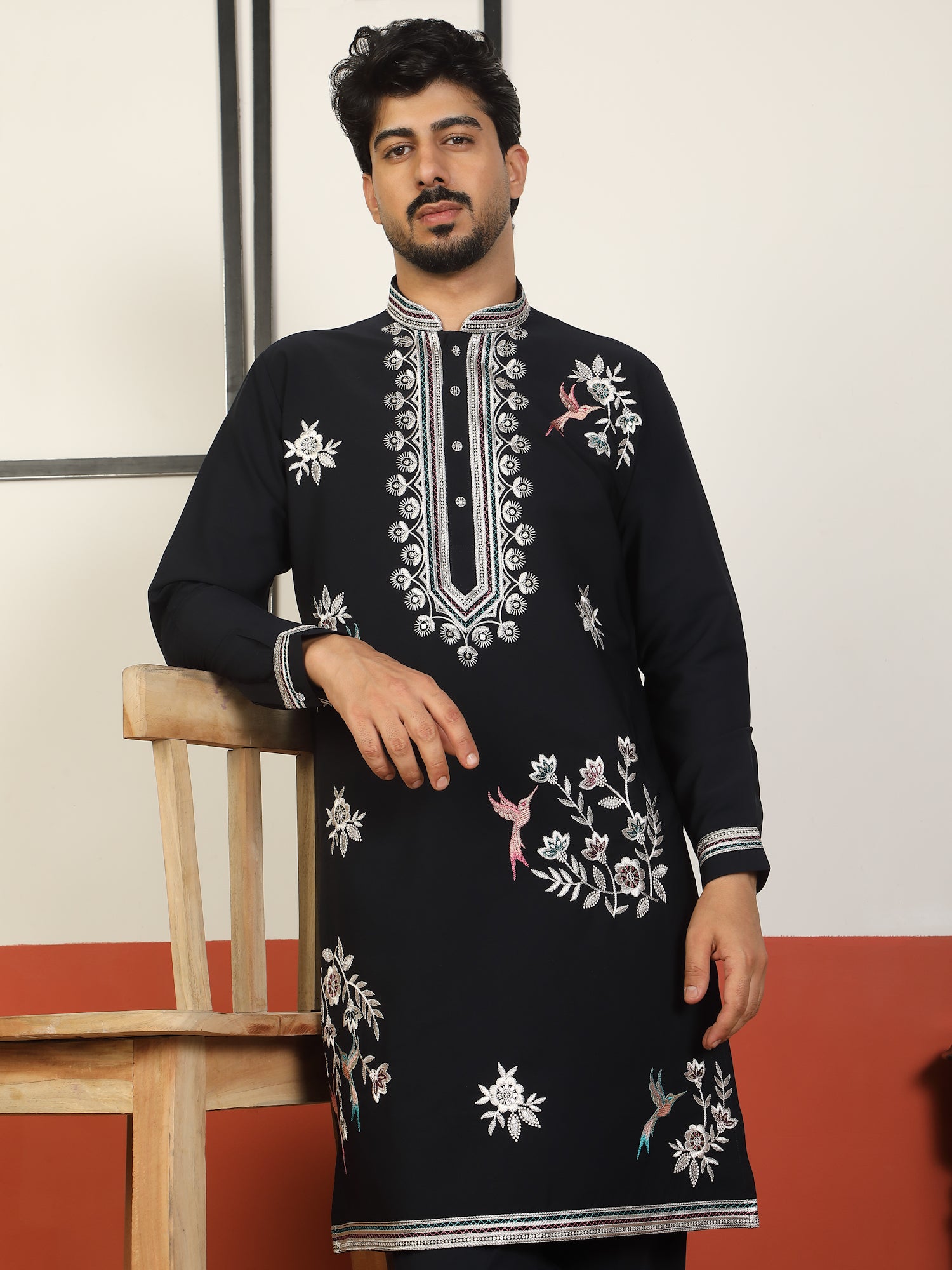 Men's Embroidered Yoke Design Japanese Fabric All Over Work Long Kurta