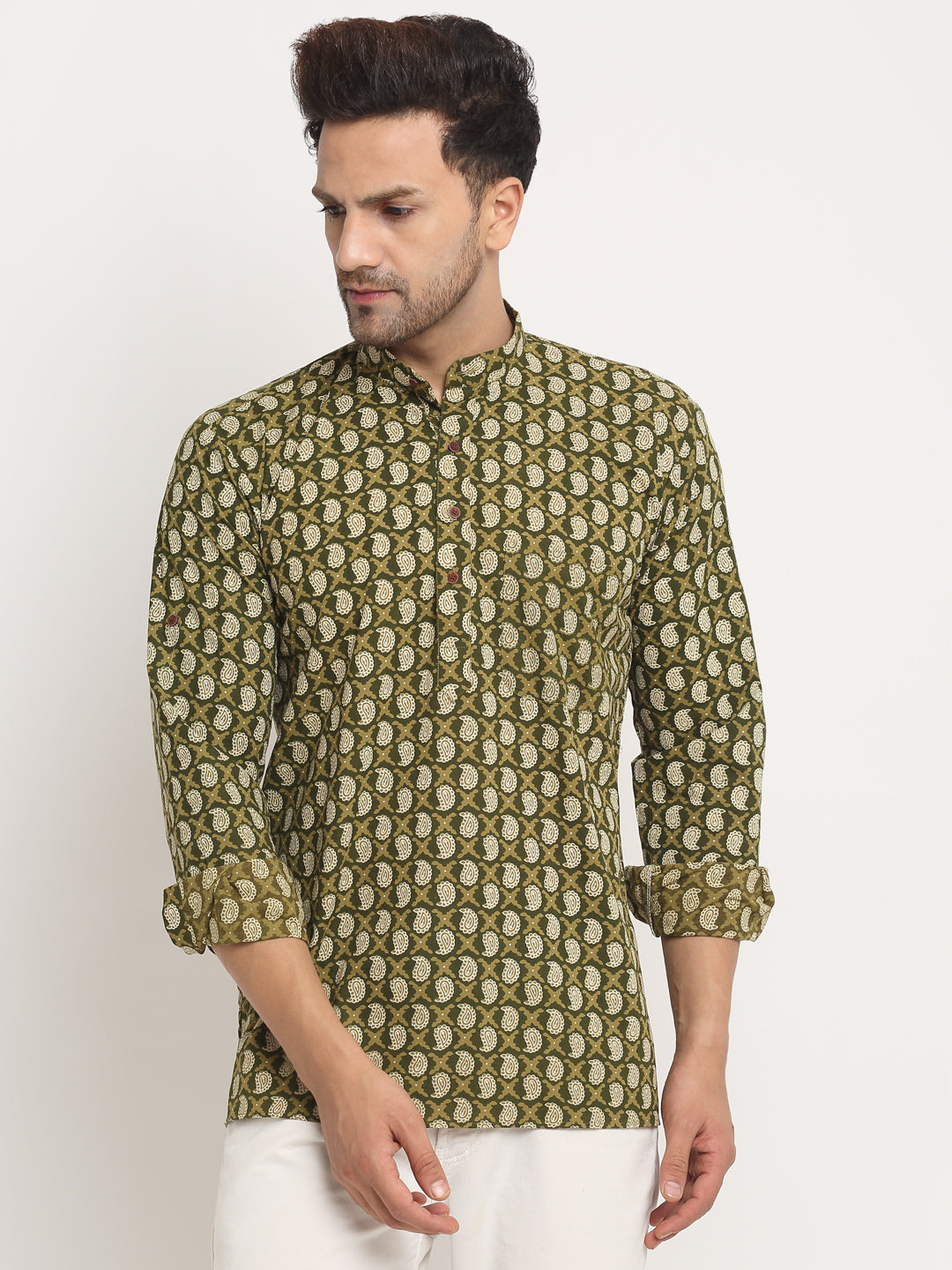 Men's Cotton Printed Waist Length Short Kurta