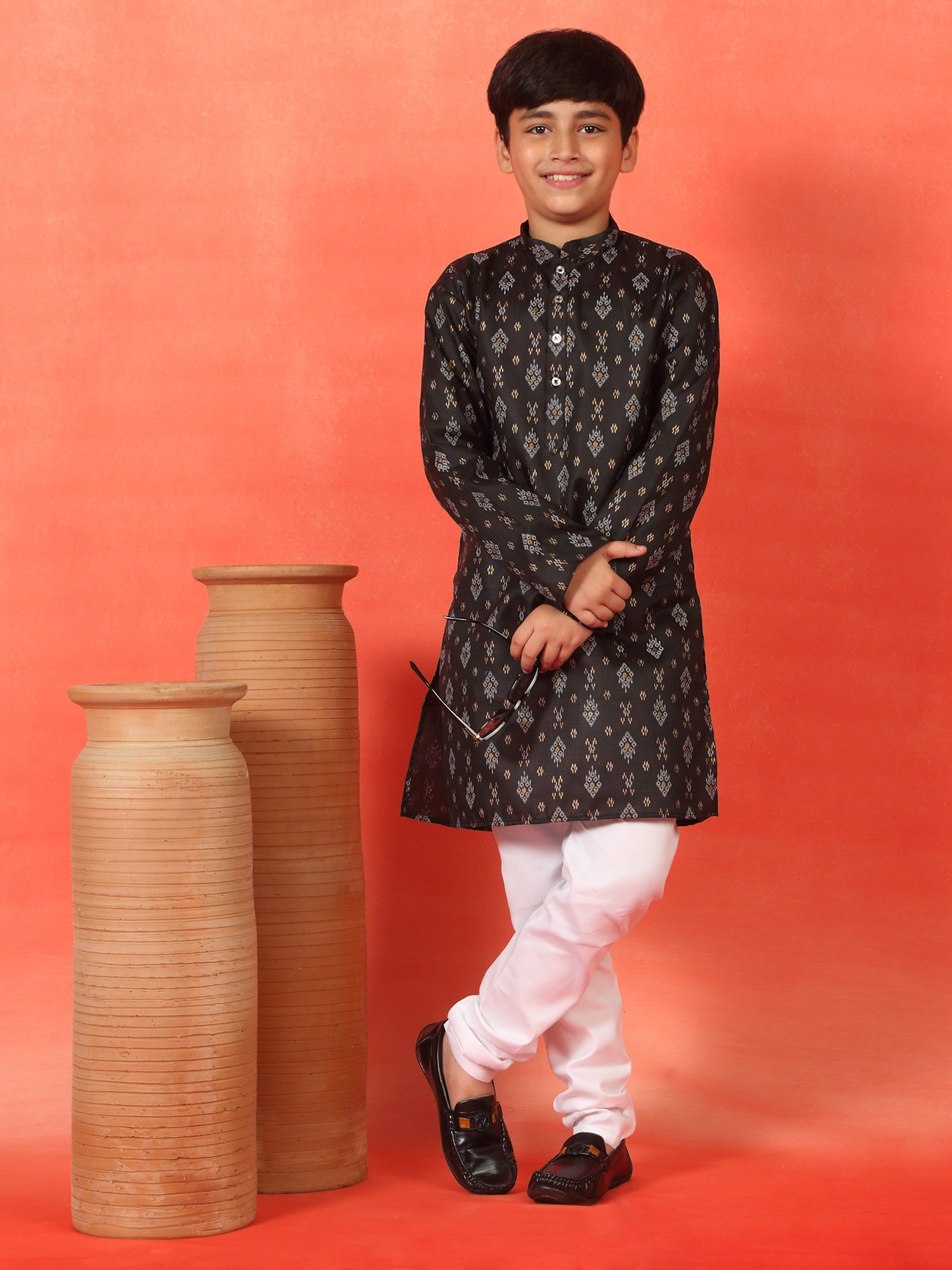 Kid's Geometric Print Cotton Blend Straight Kurta