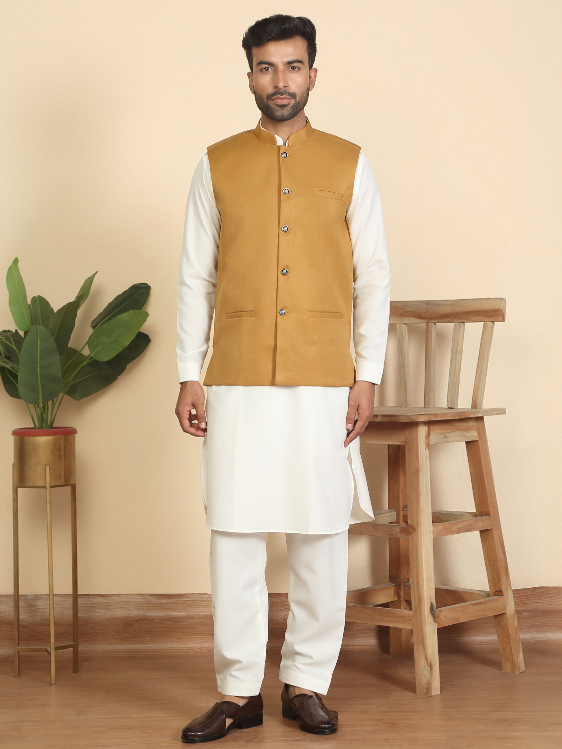 Men Mandarin Collar Pathani Kurta Salwar Set with Solid Twill Nehru Jacket