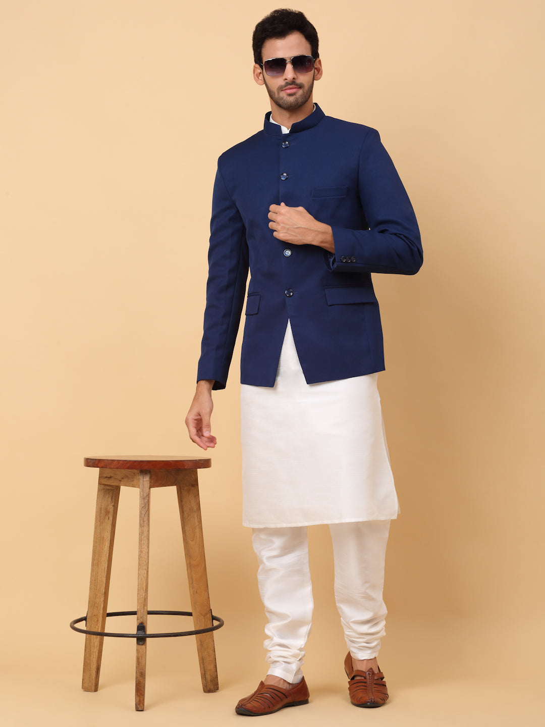 KRAFT INDIA Men's Silk Cream Kurta Churidar With Solid Twill Bandhgala Suit/Coat