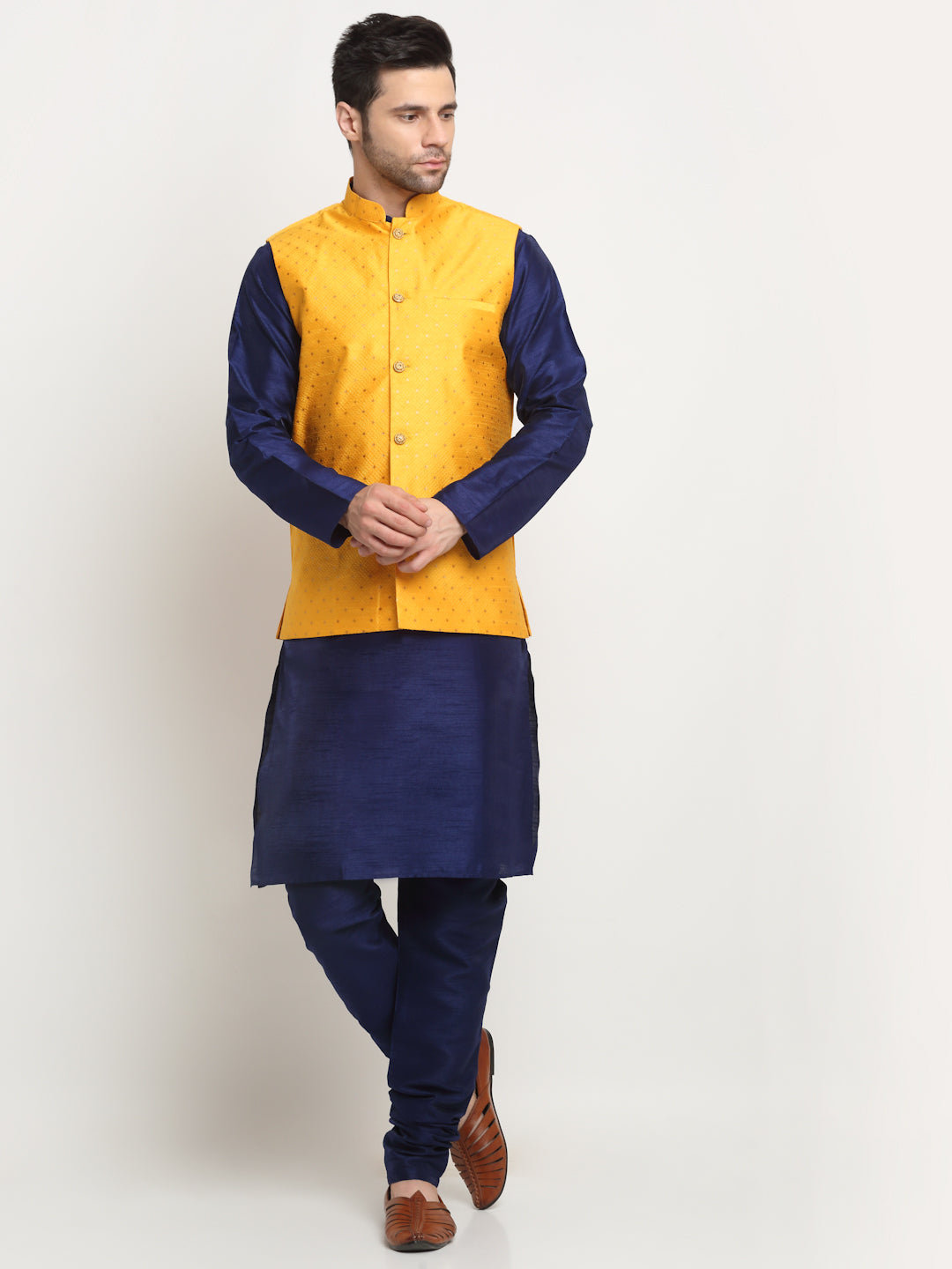 KRAFT INDIA Men's Silk Navy Blue Kurta Churidar With Polka Dotted Nehru Jacket Set