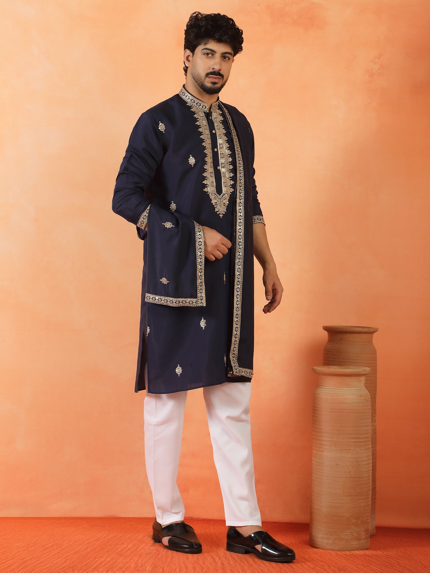 Men's Sequenced Embroidered Designed Cotton Silk Straight Long Kurta