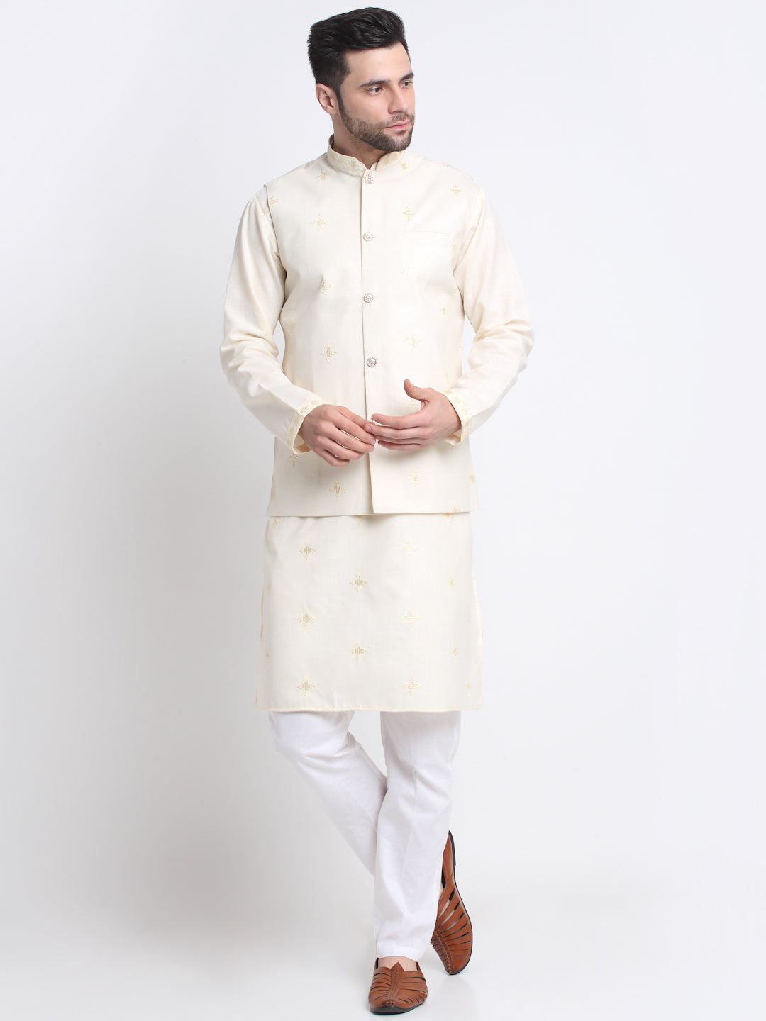 Men's Embroidered Sequined Cotton Kurta Trouser with Nehru Jacket