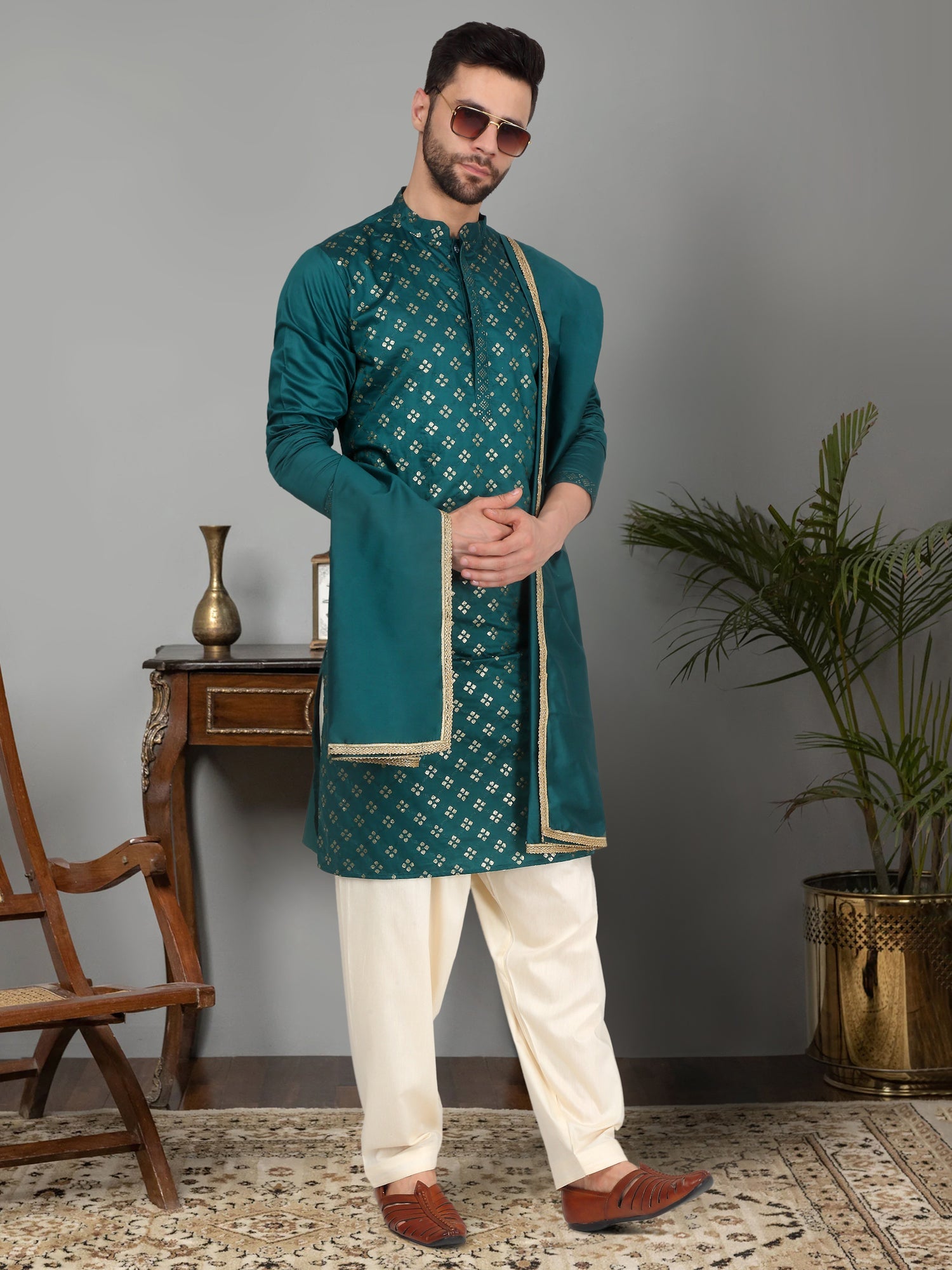 KRAFT INDIA Men's Cotton Silk Sequenced Embroided Kurta with Beige Elastic Waistband Salwar with Matching Dupatta