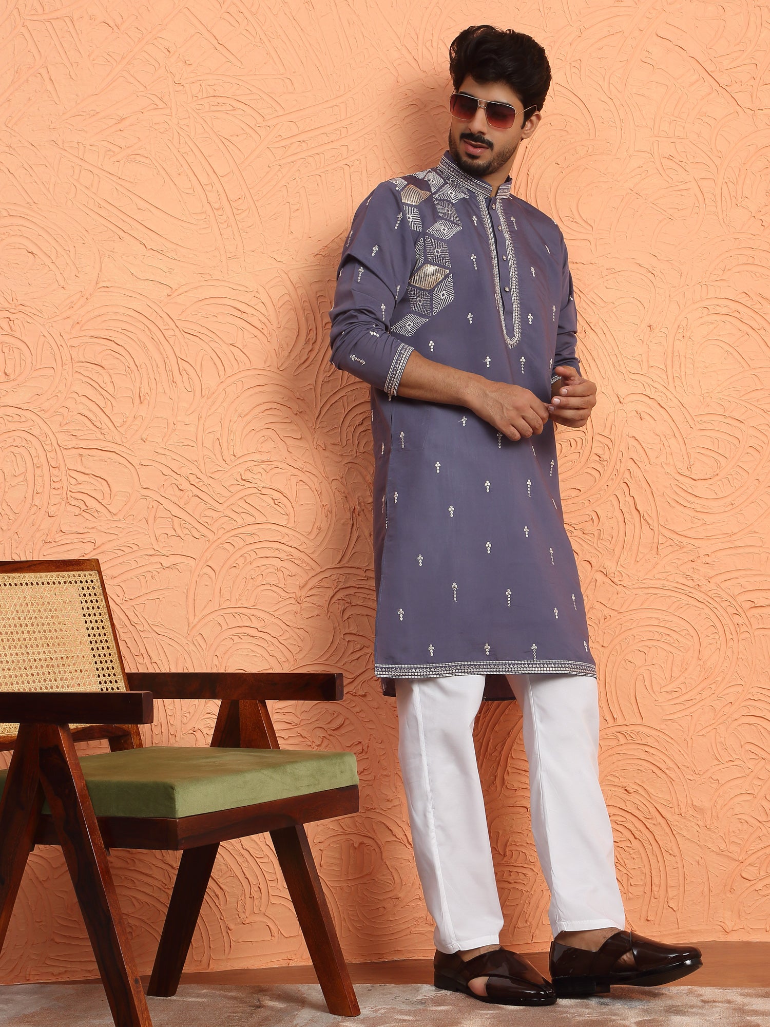 LUXE-Men's Cotton Silk Sequinced Placement Embroidered Kurta Trouser Pant Set
