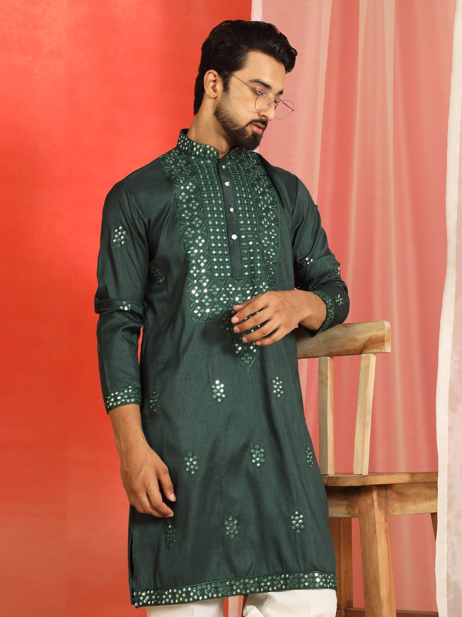 Men Cotton Silk Mirror Work Embroidered Yoke Design Kurta