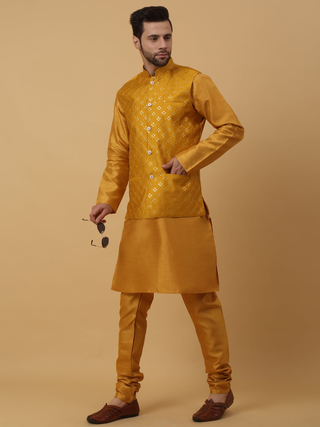 KRAFT INDIA Men's Silk Blend Mustard Kurta, Churidar with Cotton Silk Embroided Sequenced Nehru Jacket Set