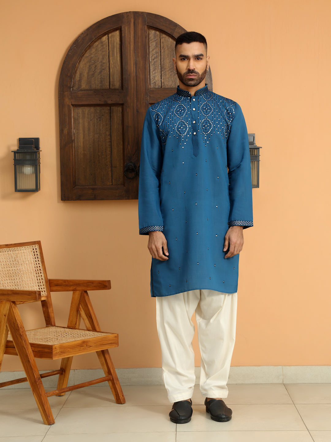 LUXE- Cotton Silk Embroidered Kurta with Sequins work & Cream patiala Salwar