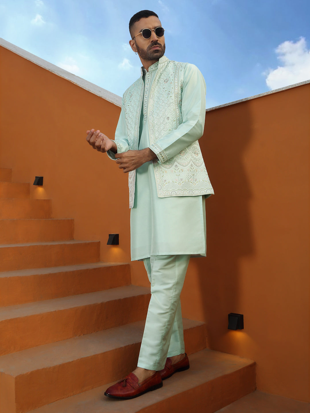 LUXE- Floral Embroidered Cotton Silk Kurta Trouser Pant set with Embroidered Floral Front open Nehru Jacket set