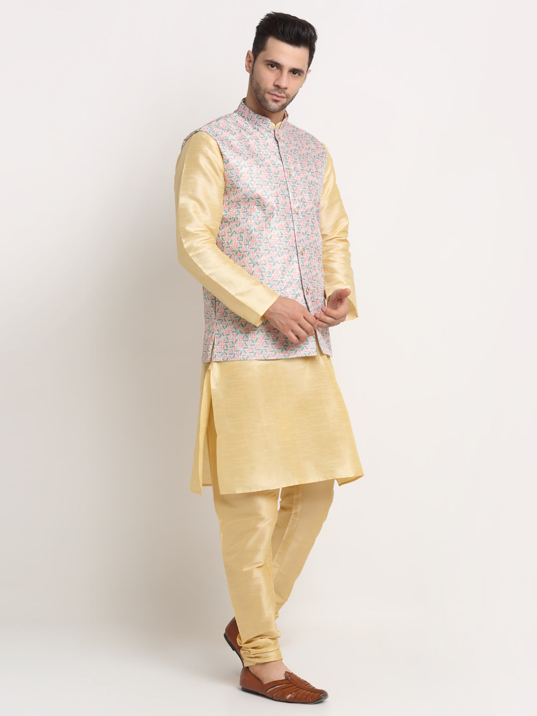 KRAFT INDIA Mens Beige Silk Blend Kurta and churidar with embroided Nehru jacket