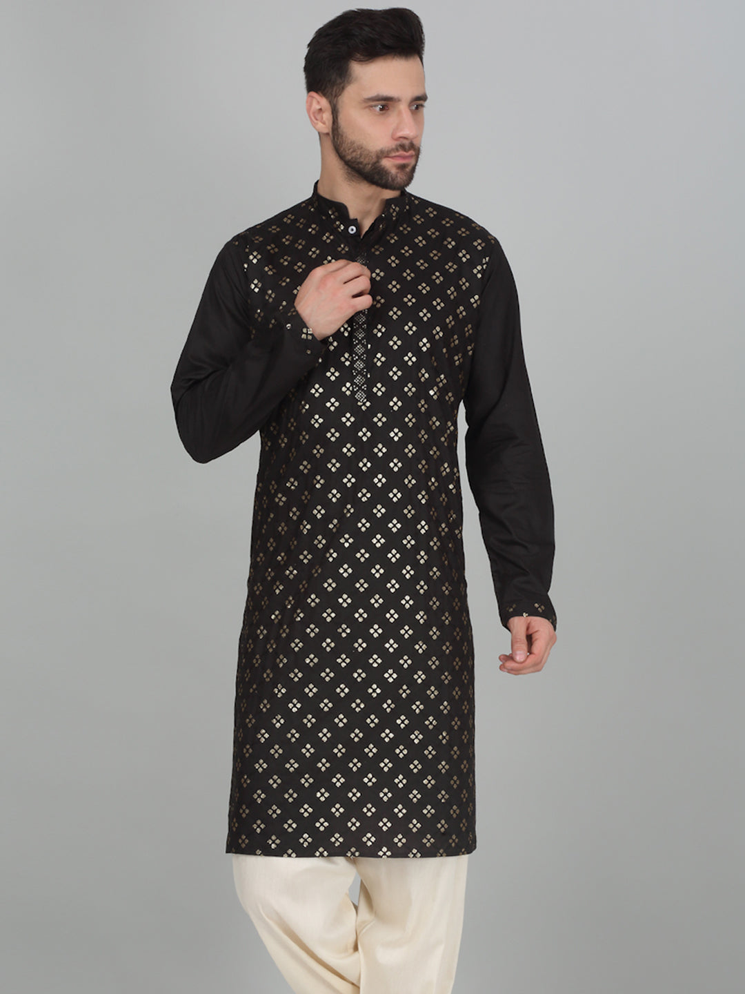 KRAFT INDIA Men's Cotton Silk Sequenced Embroided Kurta Only