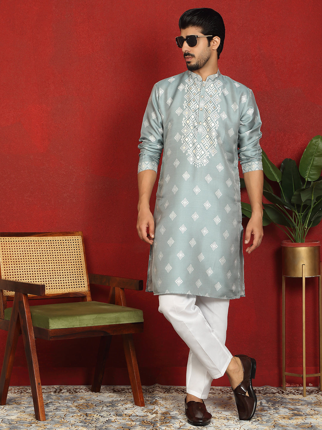 Men’s Silk Jacquard Embroidered Woven Design Straight Kurta