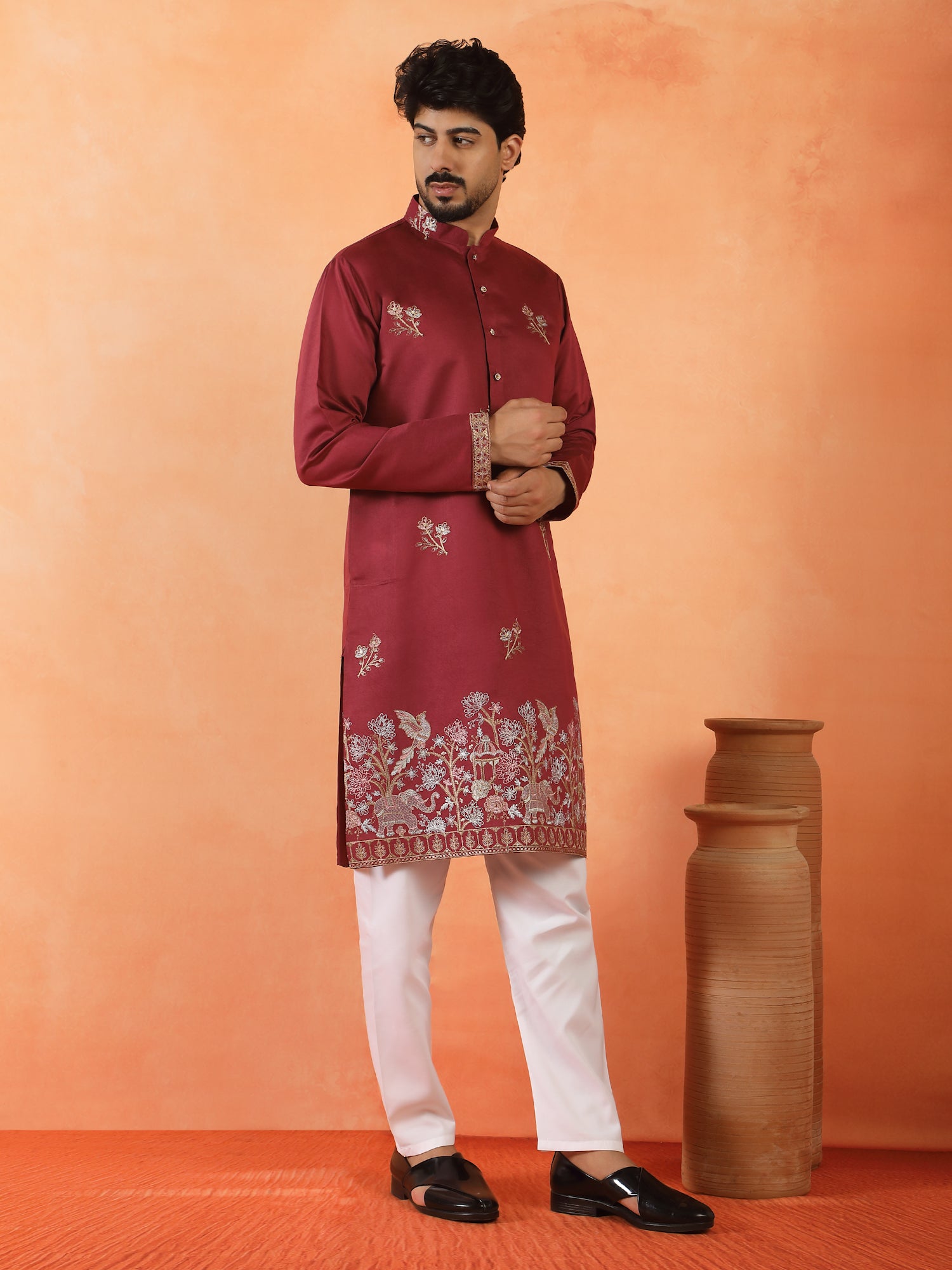 Men Embroidered Floral Designed Daman Work Cotton Silk Straight Long Kurta