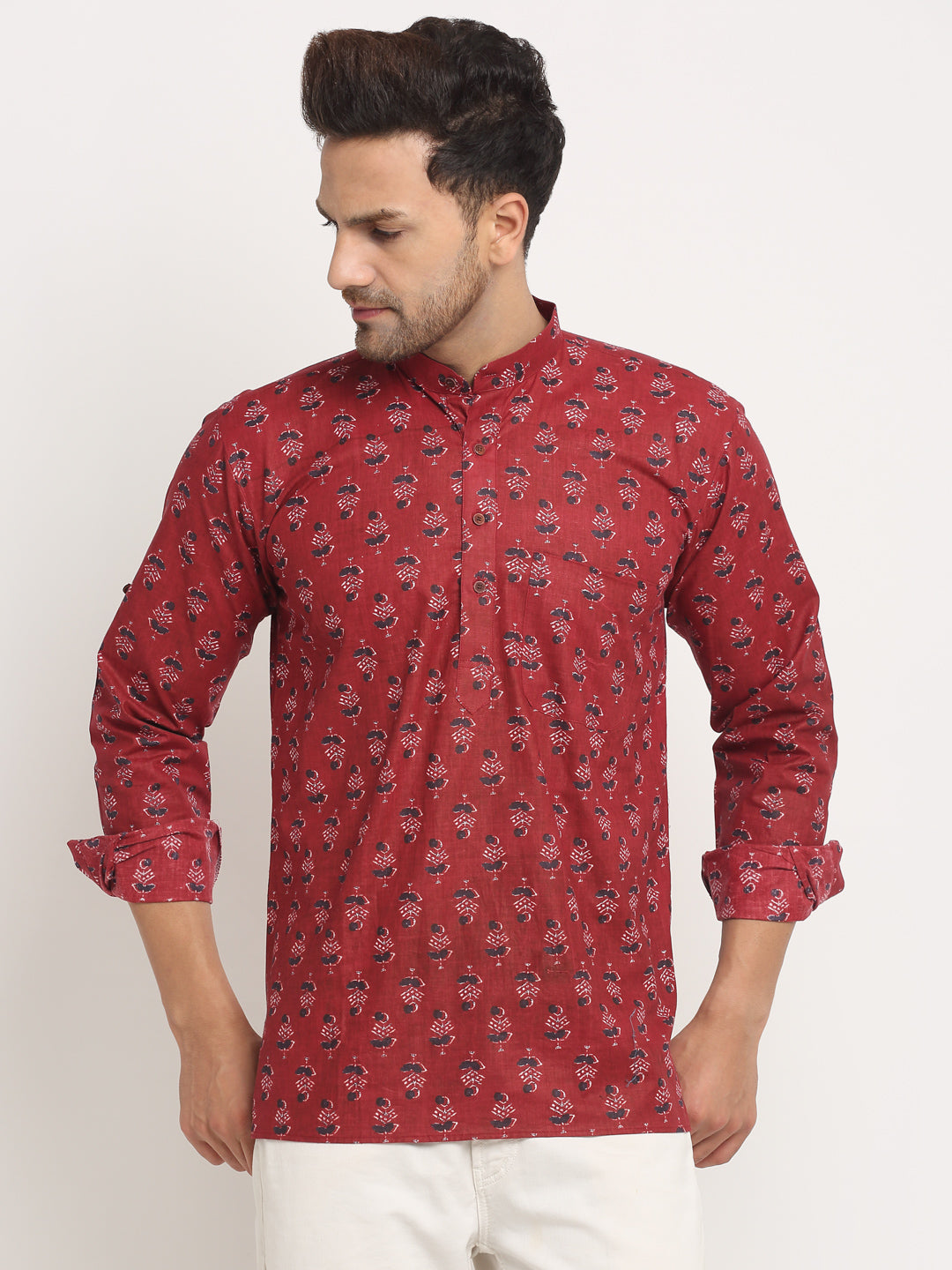 Men's Cotton Printed Waist Length Short Kurta