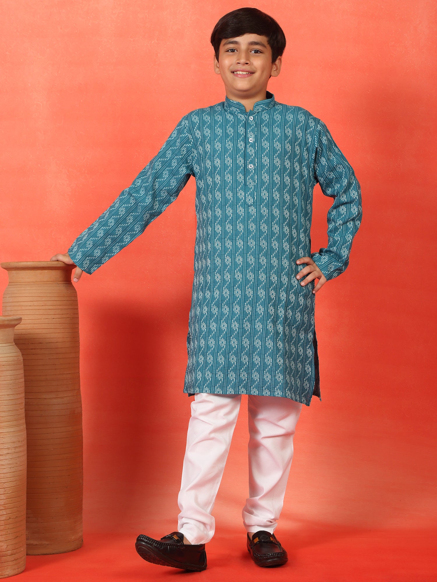 Kid's Cotton Woven Kantha Work Kurta Pyjama Set with Mandarin Collar