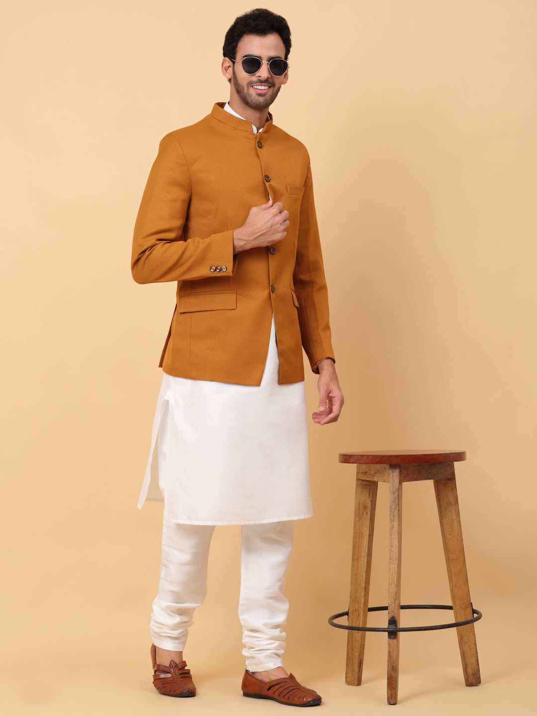 KRAFT INDIA Men's Silk Cream Kurta Churidar With Solid Twill Bandhgala Suit/Coat