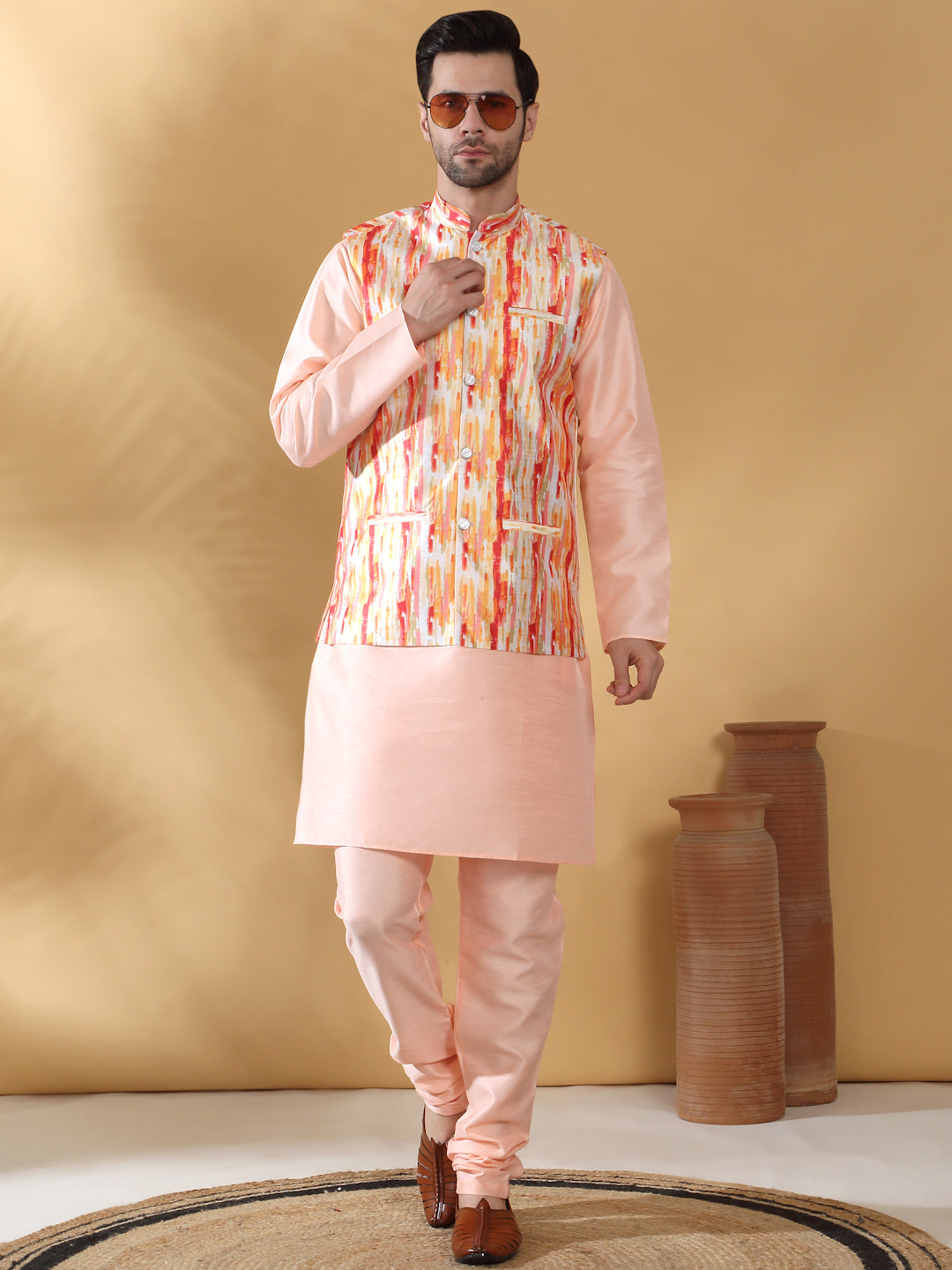 Silk Blend Solid Peach Kurta Churidar With Sleeveless tie-dye Nehru Jacket set