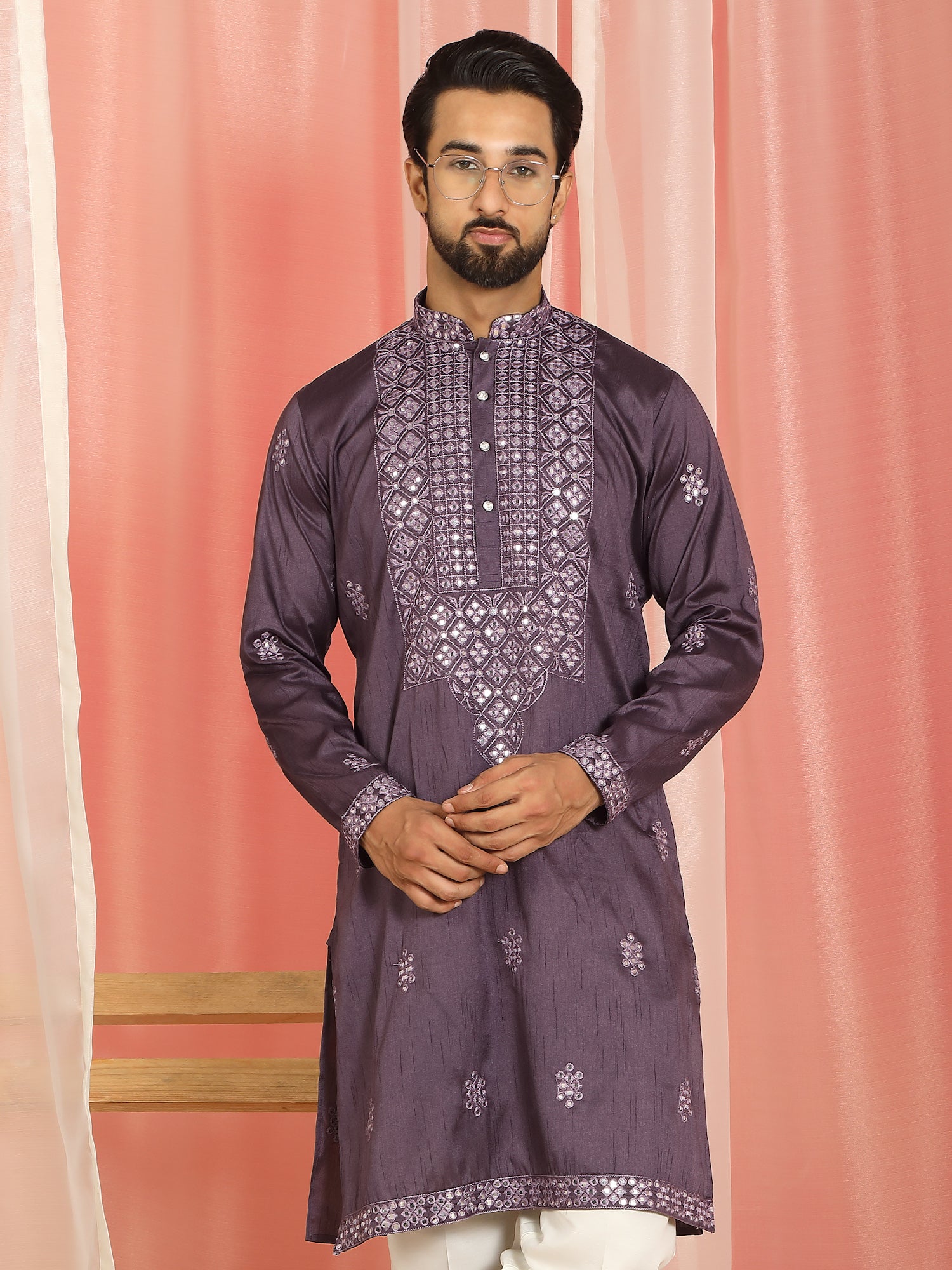 Men Cotton Silk Mirror Work Embroidered Yoke Design Kurta