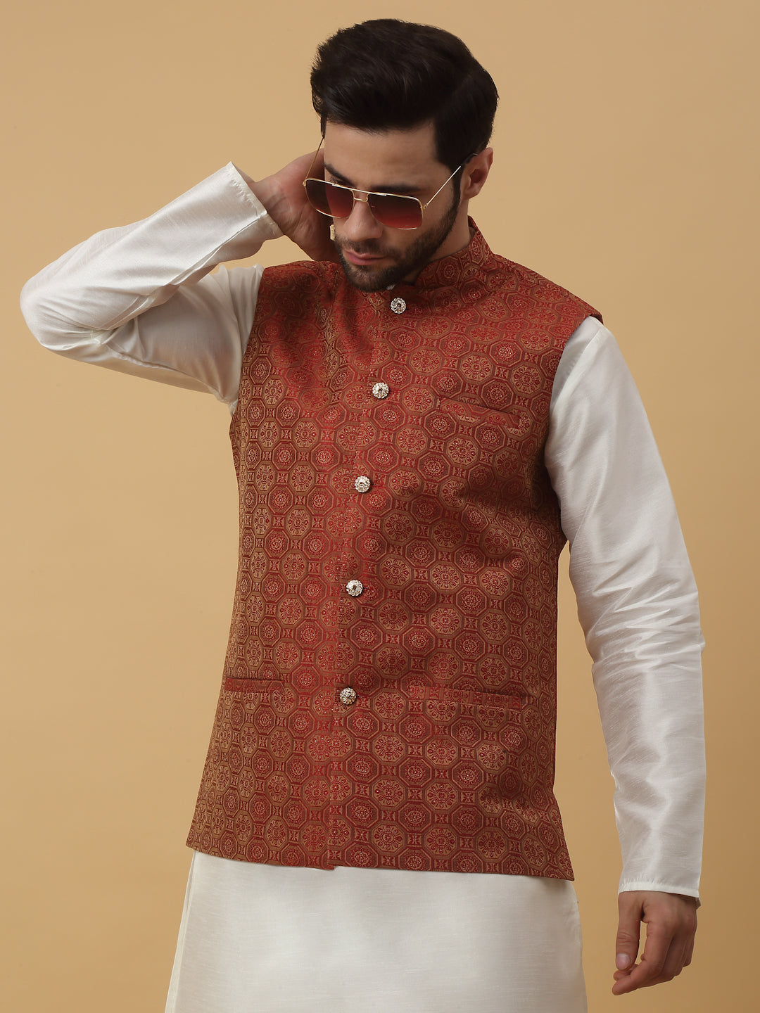 KRAFT INDIA Men's Silk Blend Bandhani Sleeveless Jacquard Nehru Jacket