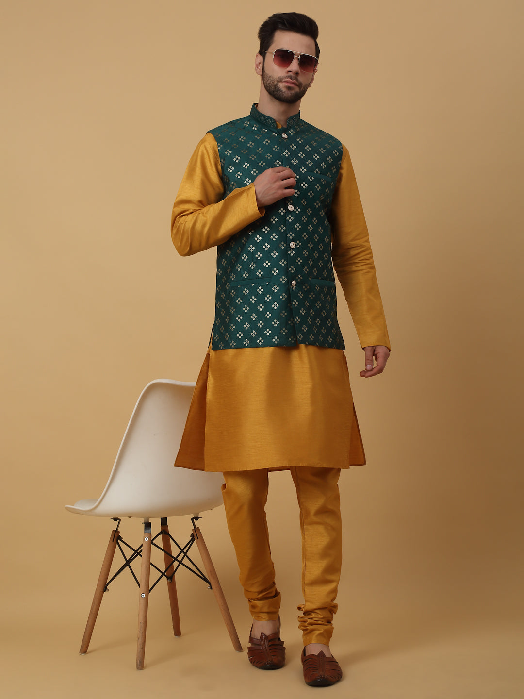KRAFT INDIA Men's Silk Blend Mustard Kurta, Churidar with Cotton Silk Embroided Sequenced Nehru Jacket Set