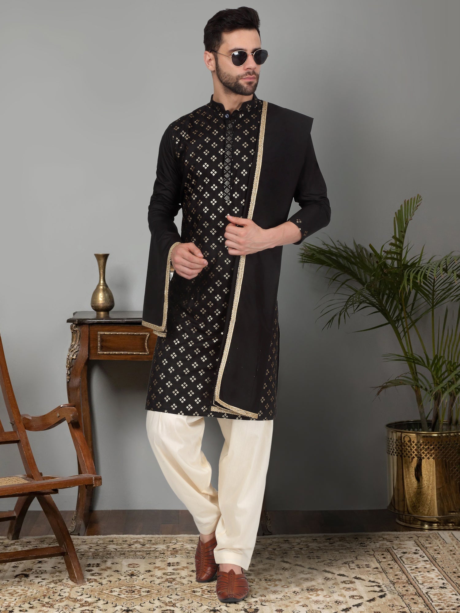 KRAFT INDIA Men's Cotton Silk Sequenced Embroided Kurta with Beige Elastic Waistband Salwar with Matching Dupatta
