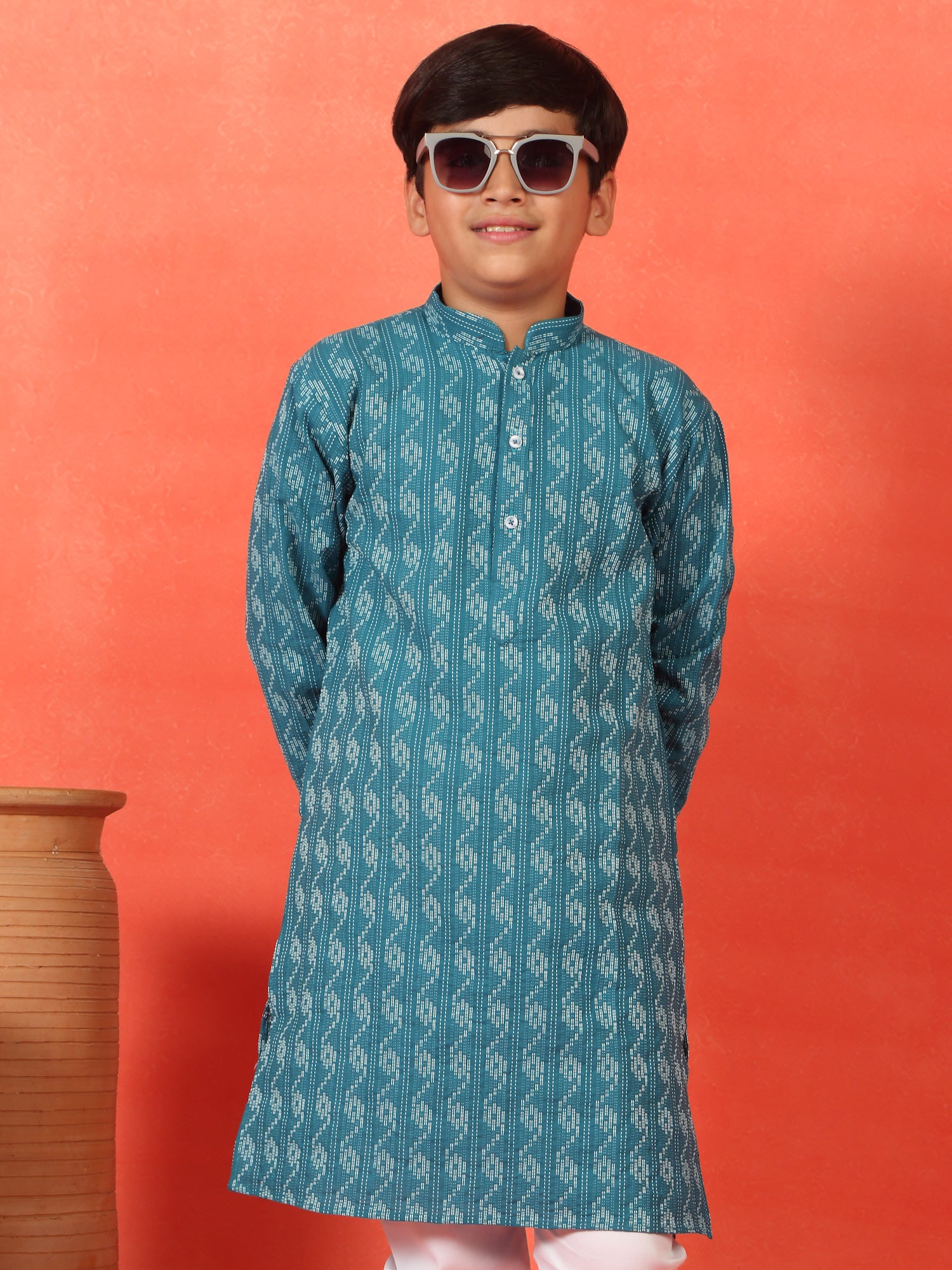 Kid's Cotton Woven Kantha Work Kurta with Mandarin Collar