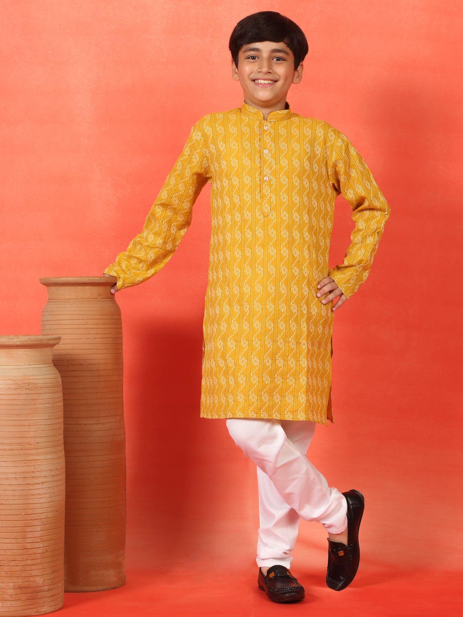 Kid's Cotton Woven Kantha Work Kurta with Mandarin Collar