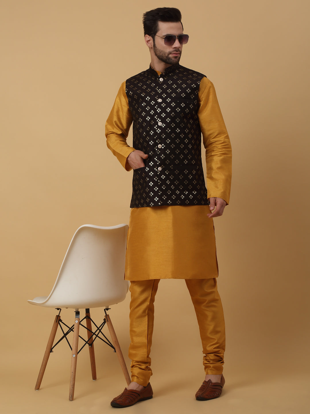 KRAFT INDIA Men's Silk Blend Mustard Kurta, Churidar with Cotton Silk Embroided Sequenced Nehru Jacket Set