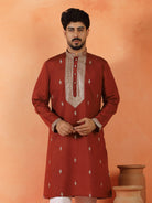 Men's Sequinned Embroidered Designed Cotton Silk Straight Long Kurta
