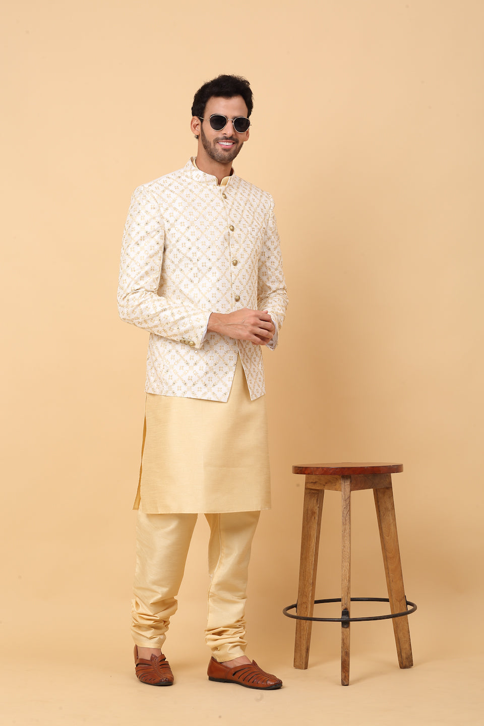 KRAFT INDIA Men's Silk Beige Kurta Churidar With Embroidered Zari Bandhgala Suit/Coat