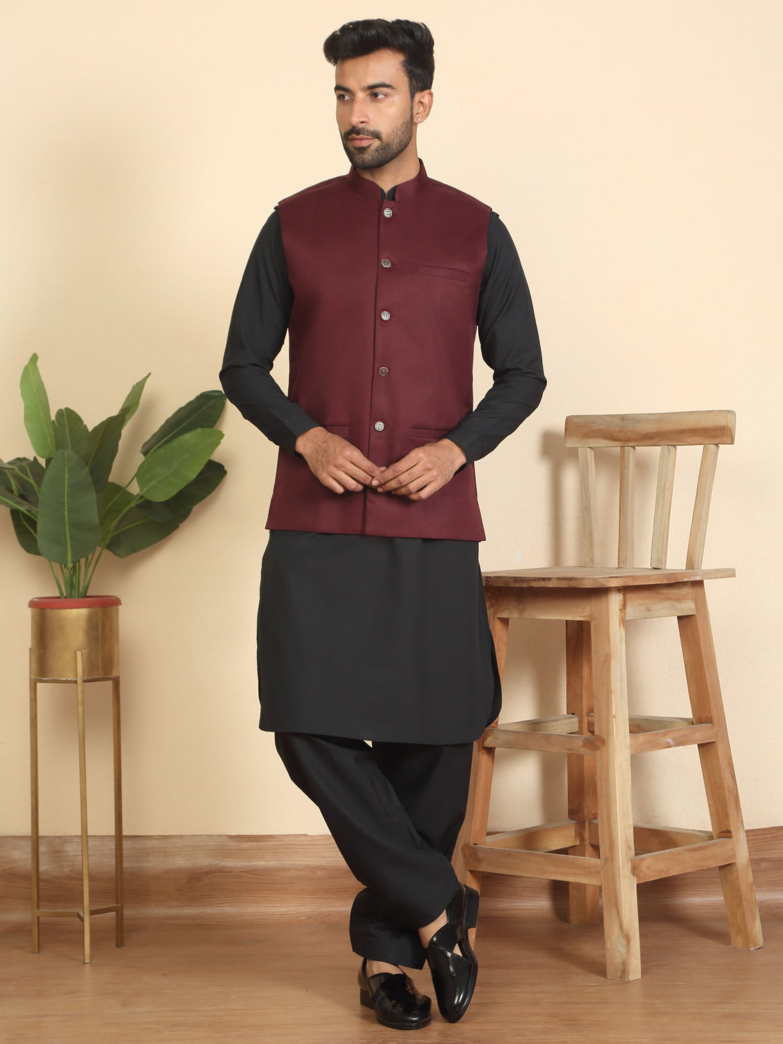 Men Mandarin Collar Pathani Kurta Salwar Set with Solid Twill Nehru Jacket