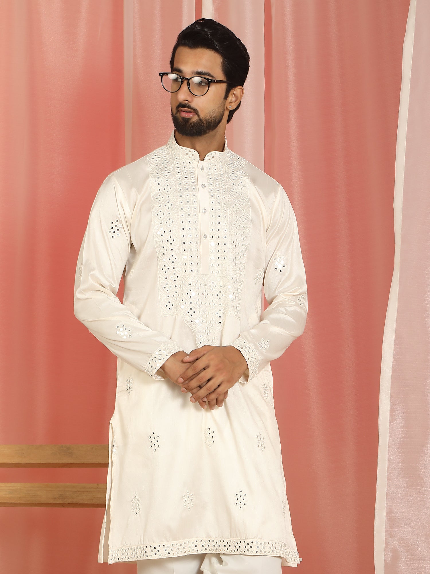 Men Cotton Silk Mirror Work Embroidered Yoke Design Kurta